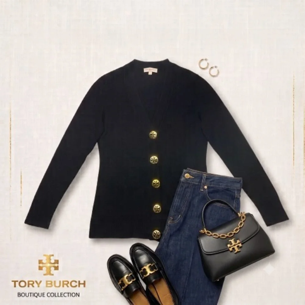 Tory Burch Simone Black Merino Wool Cardigan Sweater Gold Logo Buttons M